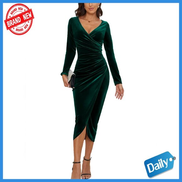 Velvet Wrap V-Neck Long Sleeve Bodycon Maxi Dress S M L XL